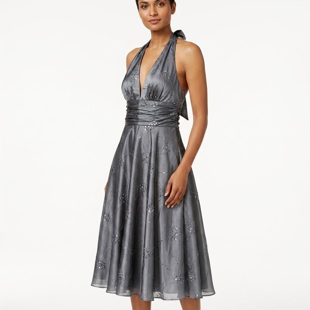 Adrianna Papell Boutique Gray A-Line Midi Dress Women Size 8